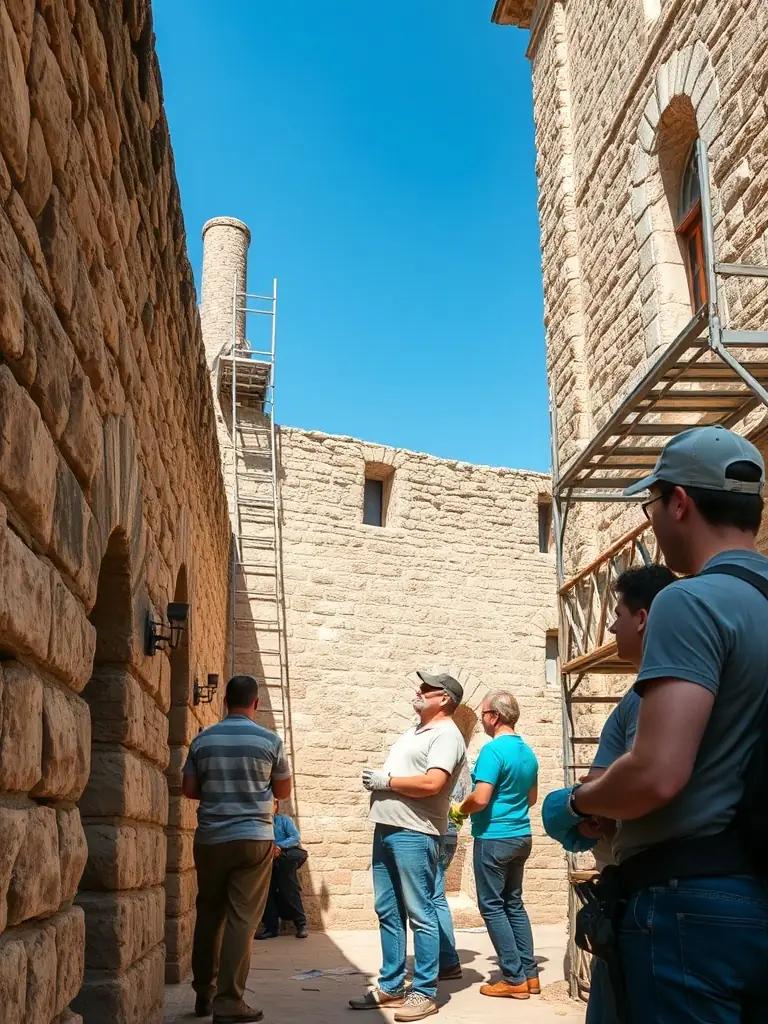 An image of volunteers working on the restoration of a historic building at Lou Simbeu Baroncelli, carefully repairing stonework and preserving architectural details.