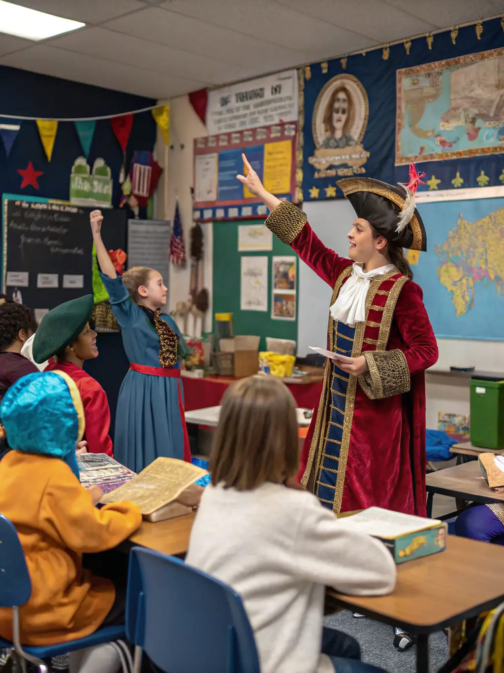 A vibrant image of children participating in a historical reenactment event at Simbéu, dressed in period costumes and learning about the region's past.