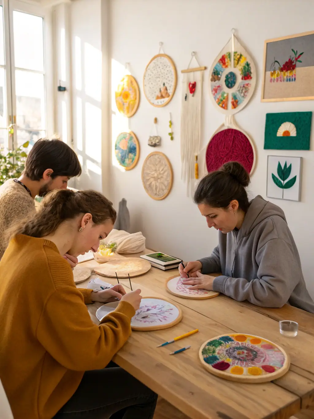 A group of adults attending a workshop on traditional Provençal crafts at Lou Simbeu Baroncelli, learning techniques passed down through generations.