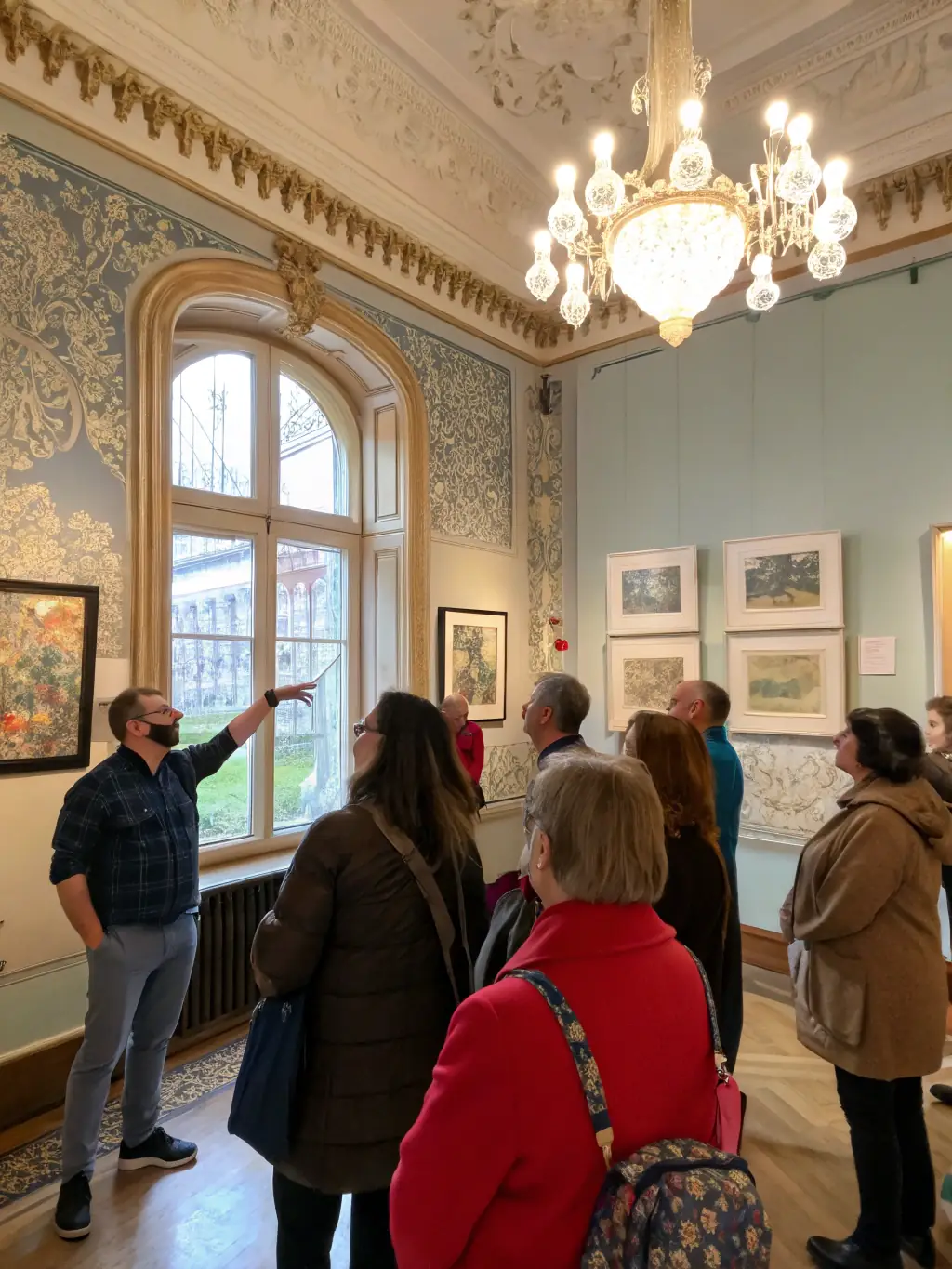 A photo of a guided tour group listening attentively to a Lou Simbeu Baroncelli guide as they explore the historical rooms and artifacts within the Simbéu.